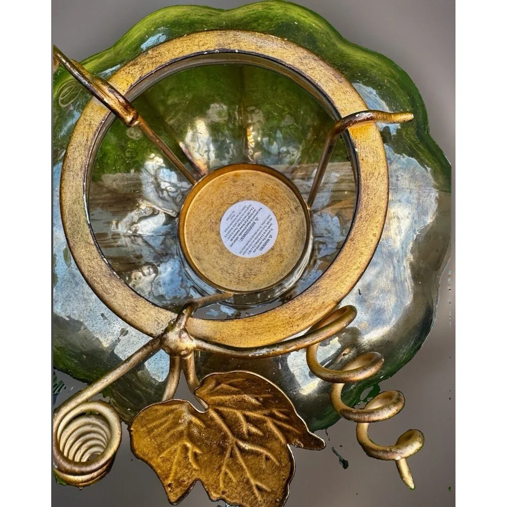 Lg Glass Pumpkin Candle Holder Halloween Fall Decor Gold Vine Leaf Metal Accents